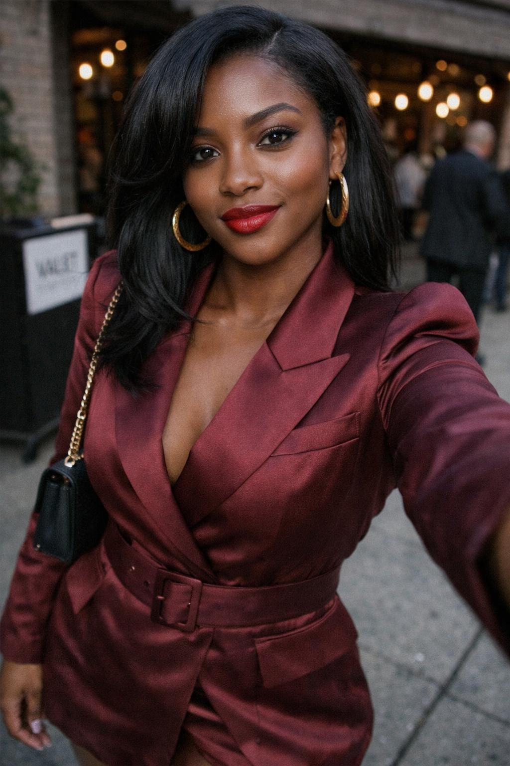Date night outfit classy with burgundy silk blazer dress