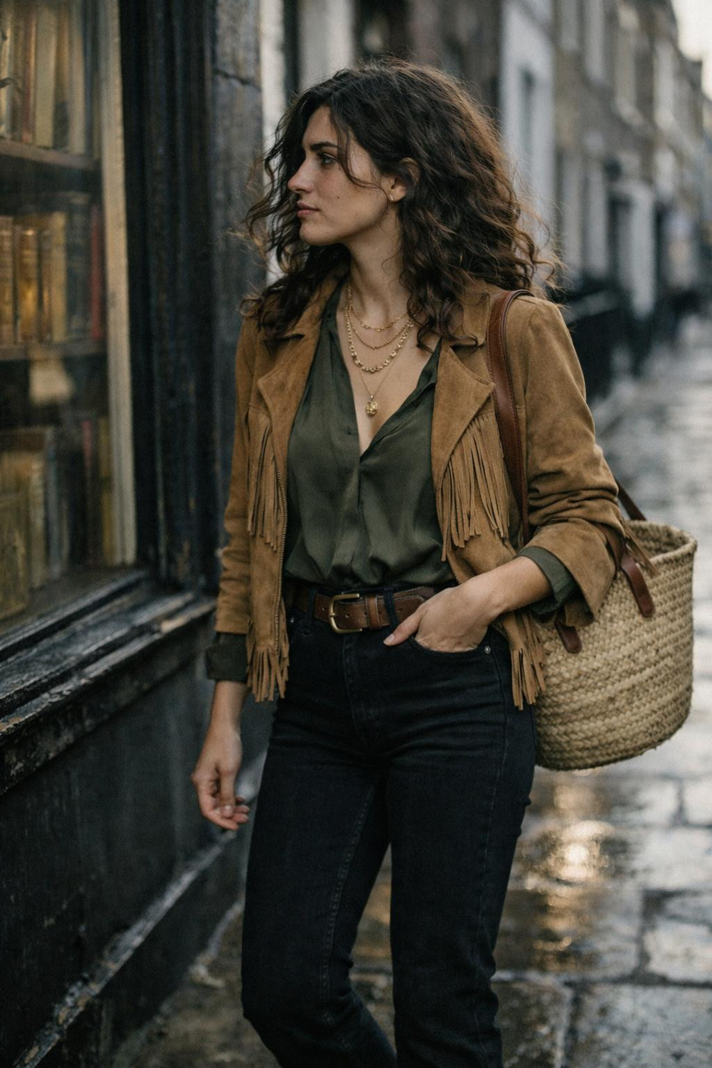 Black jeans outfit with tan suede jacket and olive blouse