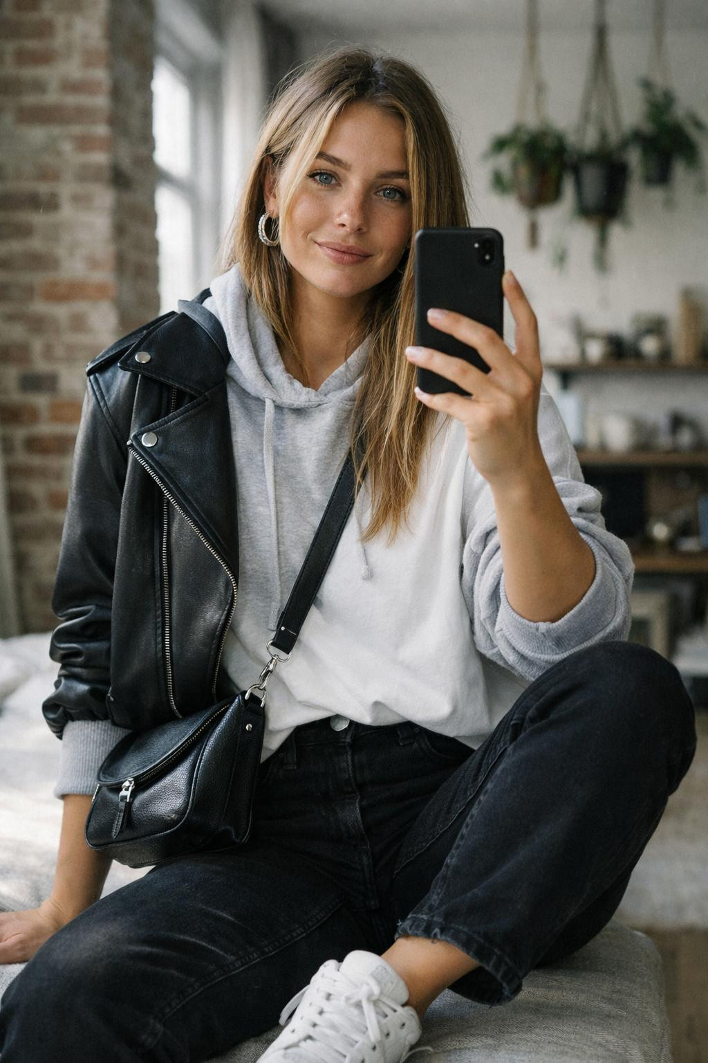 Black jeans outfit with grey hoodie and leather jacket