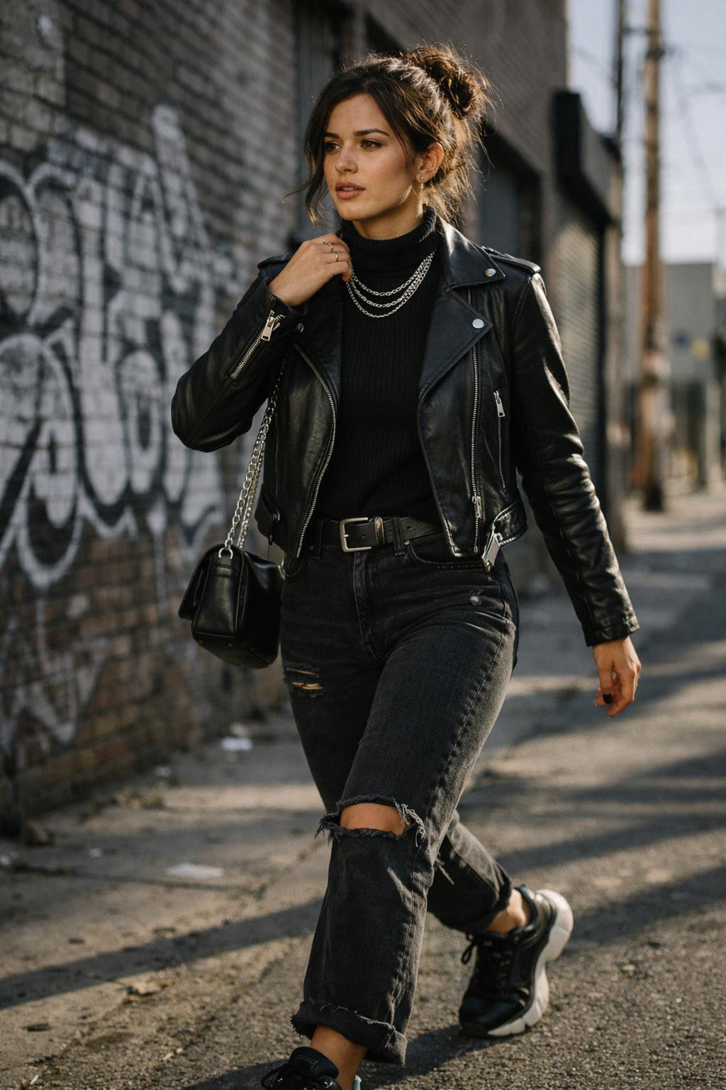 Black jeans outfit with black turtleneck and leather jacket