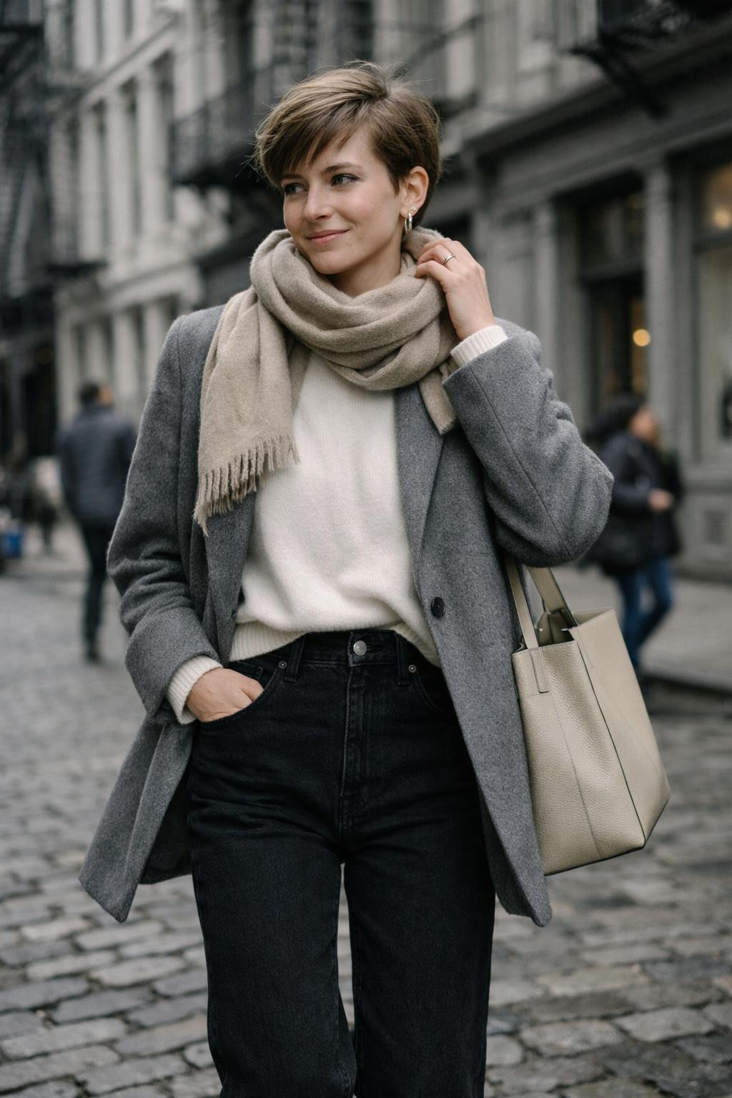 Black jeans outfit with grey melange coat and beige scarf