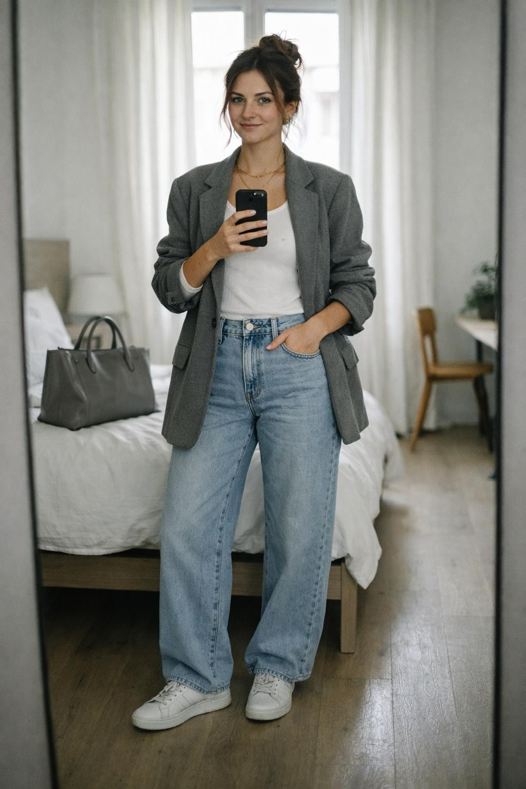 Wide leg jeans outfit with light wash denim and grey blazer