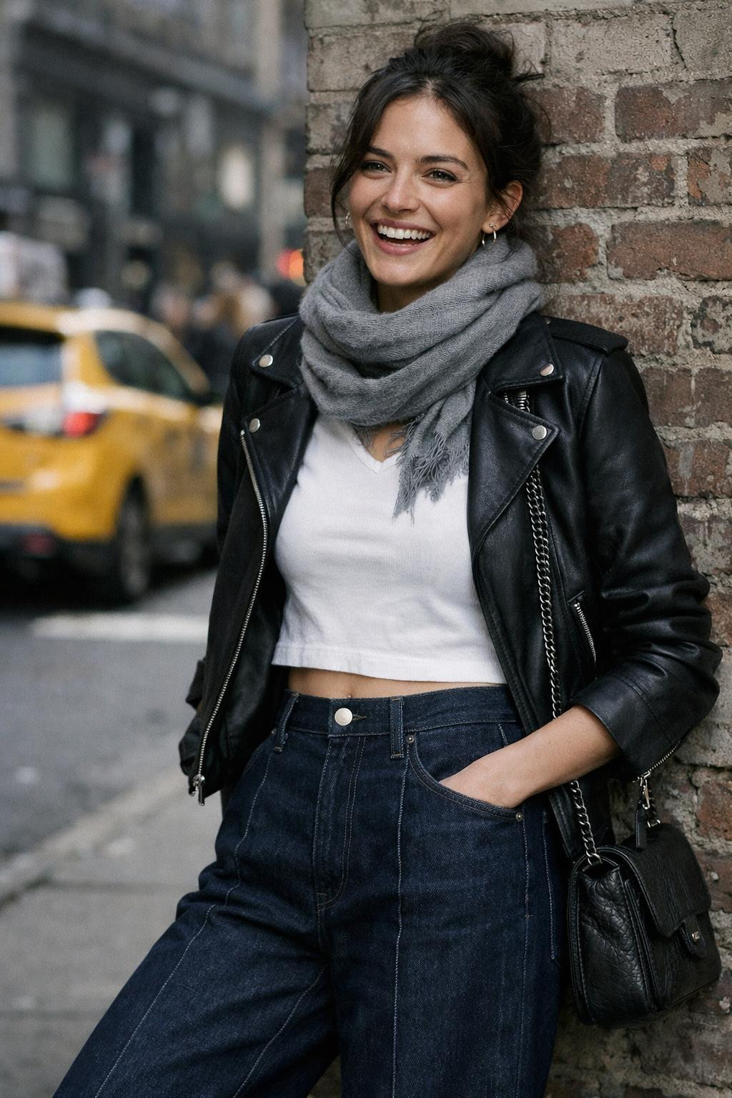 Wide leg jeans outfit with dark denim and black leather jacket