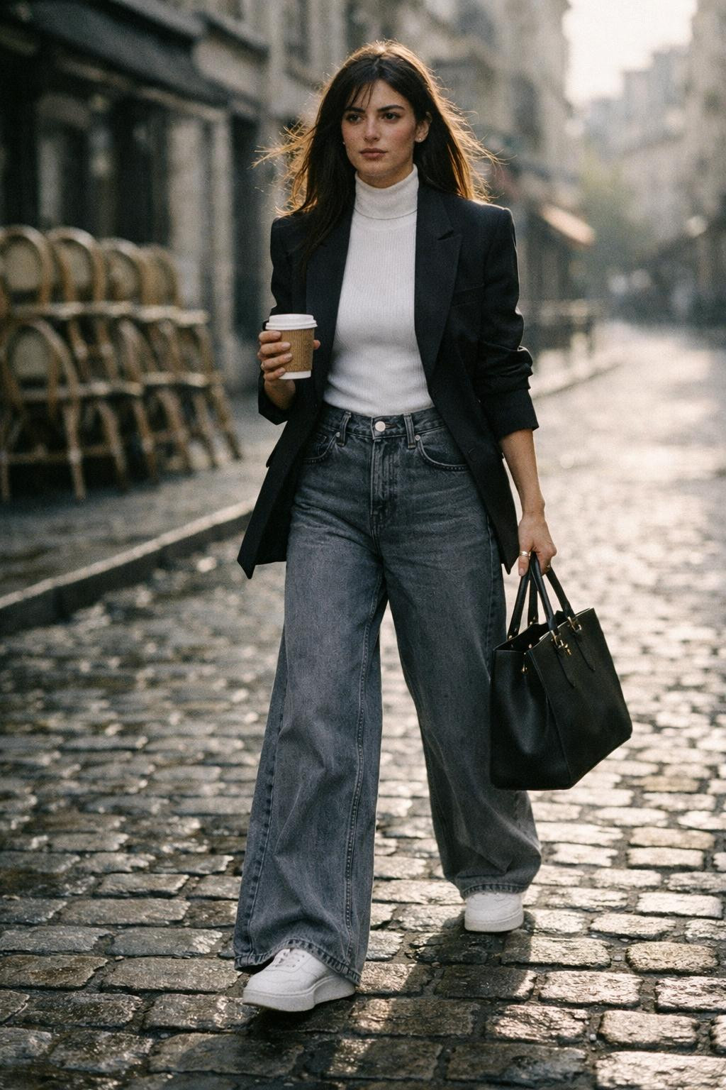 Wide leg jeans outfit with grey stonewash denim and white turtleneck