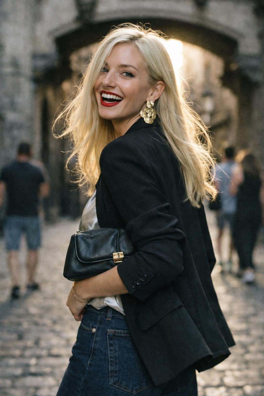 Wide leg jeans outfit with silver metallic camisole and black blazer