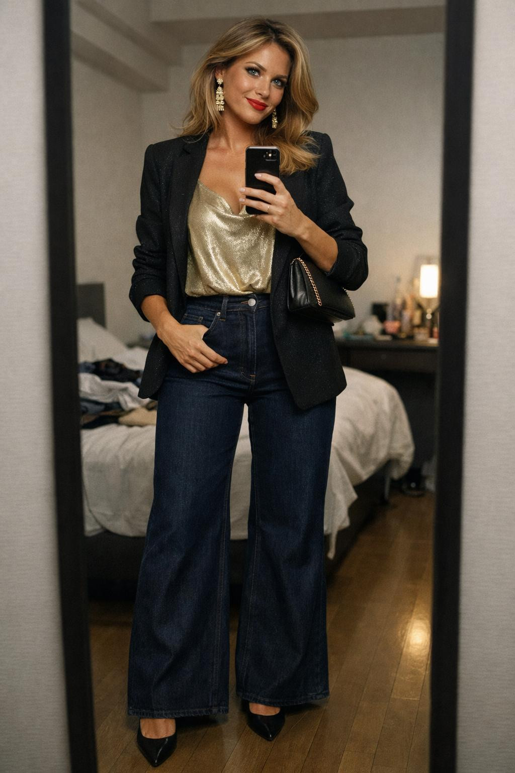 Wide leg jeans outfit with gold silk camisole and black blazer
