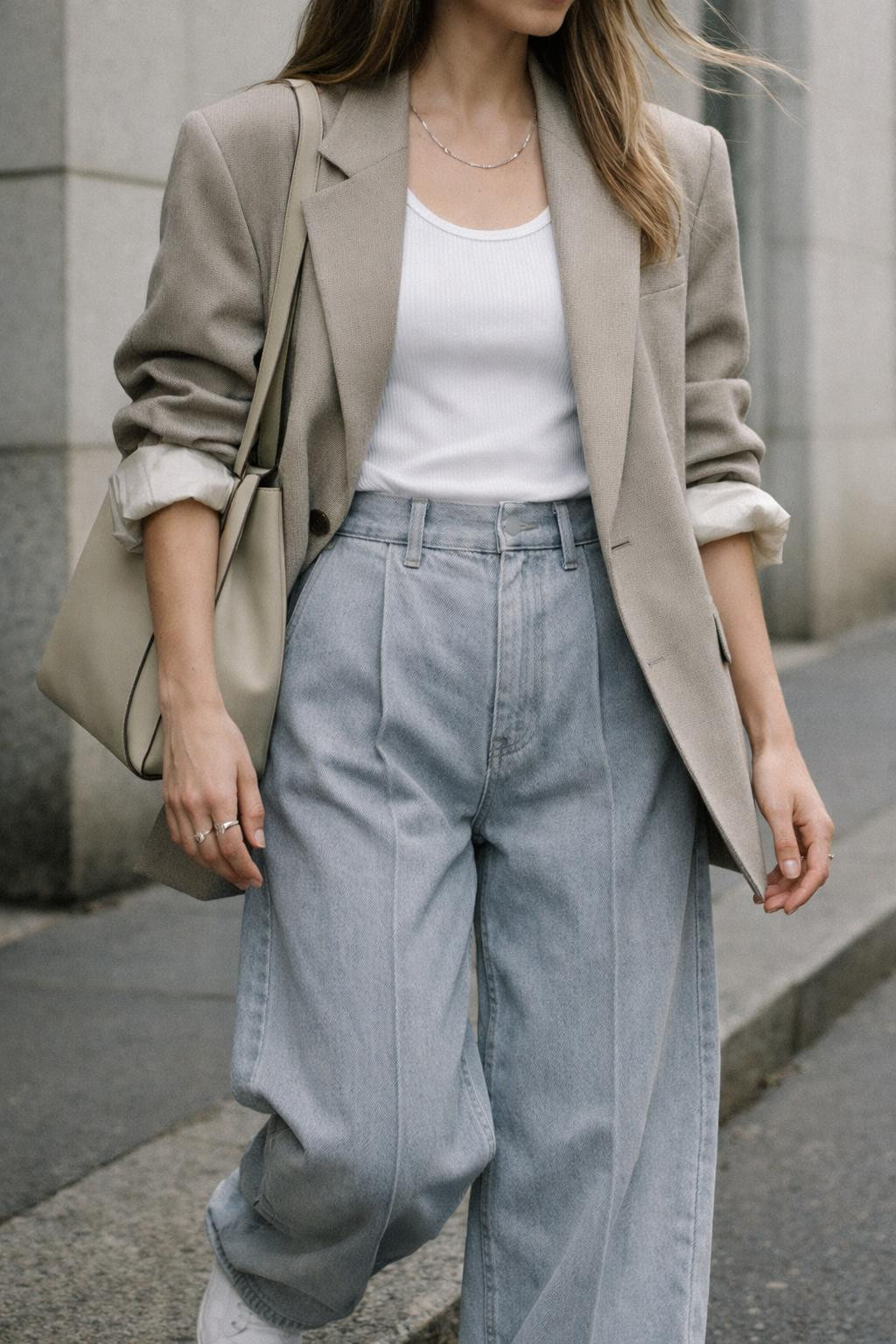 Wide leg jeans outfit with beige blazer and white tank
