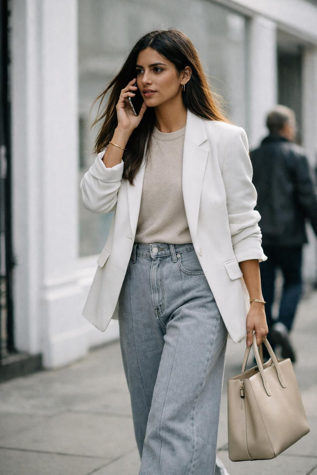 Wide leg jeans outfit with light grey denim and white blazer
