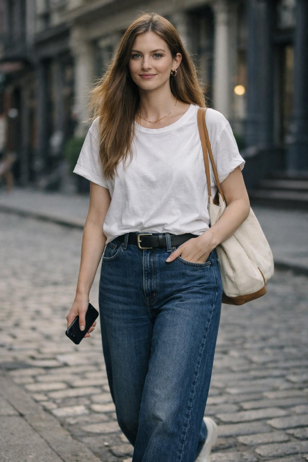 Wide leg jeans outfit with oversized white cotton tee