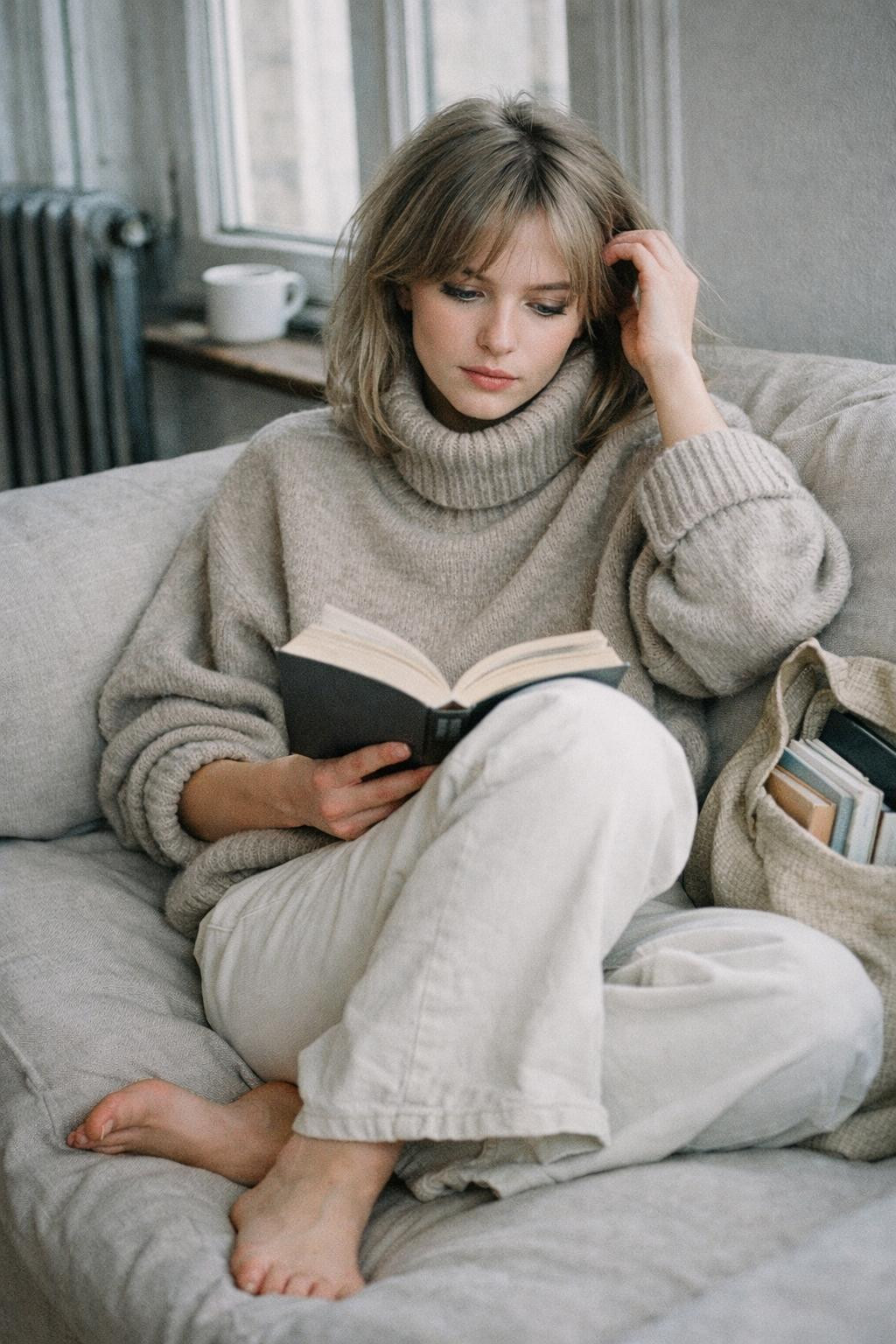 Wide leg jeans outfit with beige cashmere turtleneck sweater