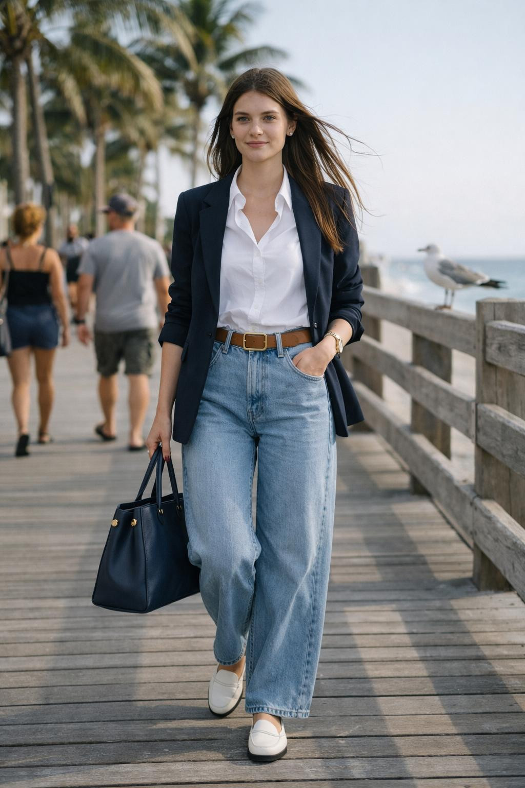 Wide leg jeans outfit with navy blazer and white button-down