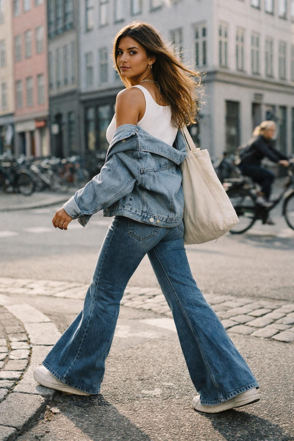 Flare jeans outfit with medium wash vintage fade and ribbed tank