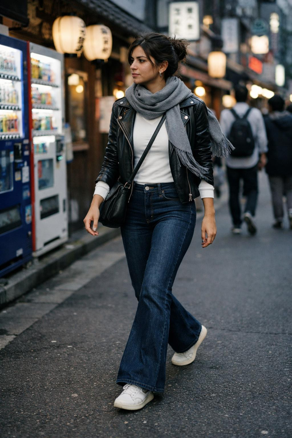 Flare jeans outfit with dark indigo wide flared hems and turtleneck