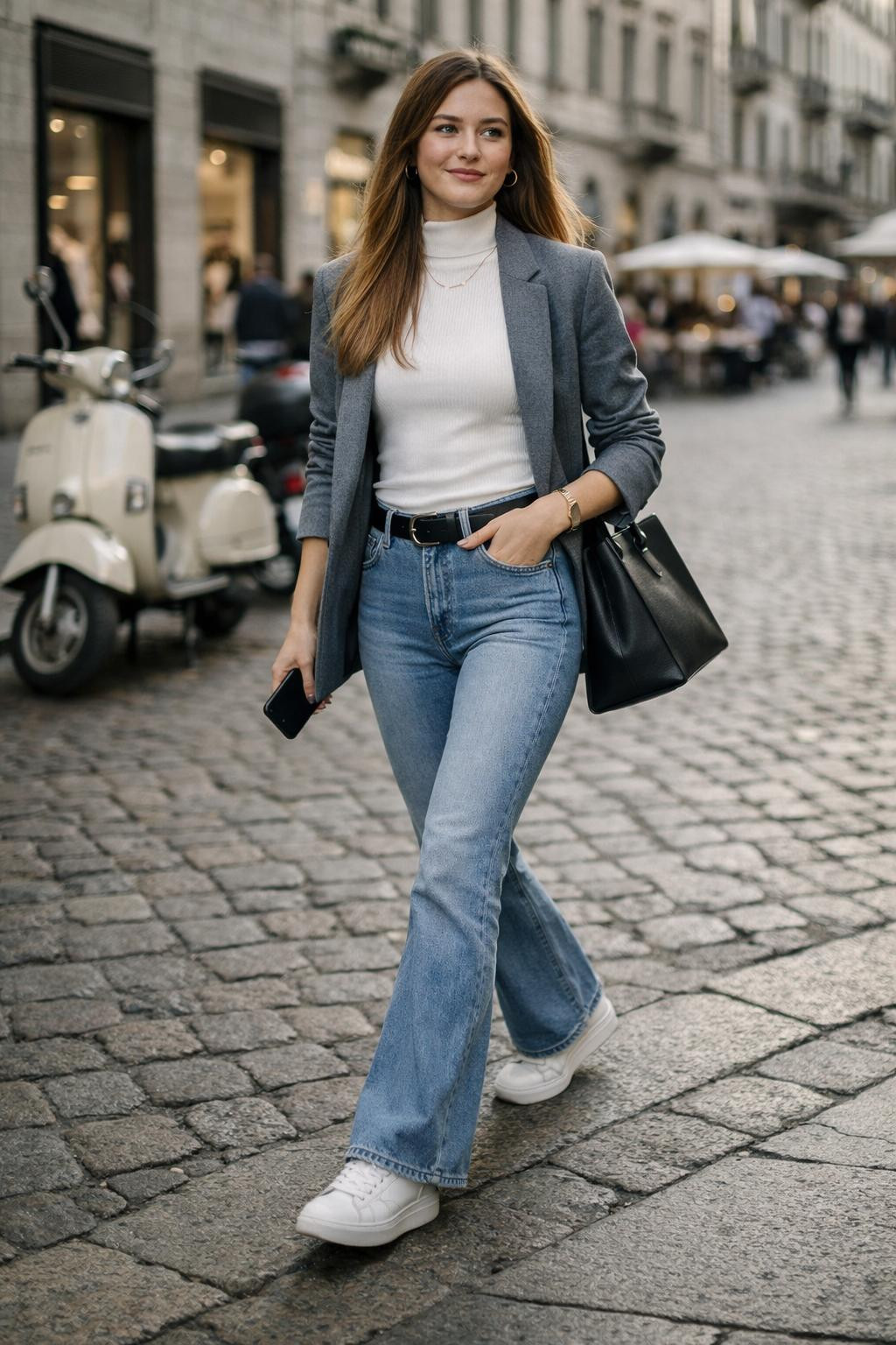 Flare jeans outfit with light wash sleek bootcut and grey blazer