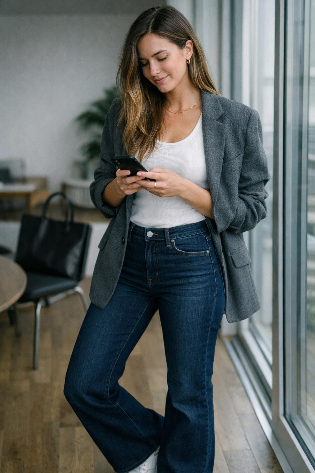 Flare jeans outfit with dark indigo perfect flare and ribbed tank