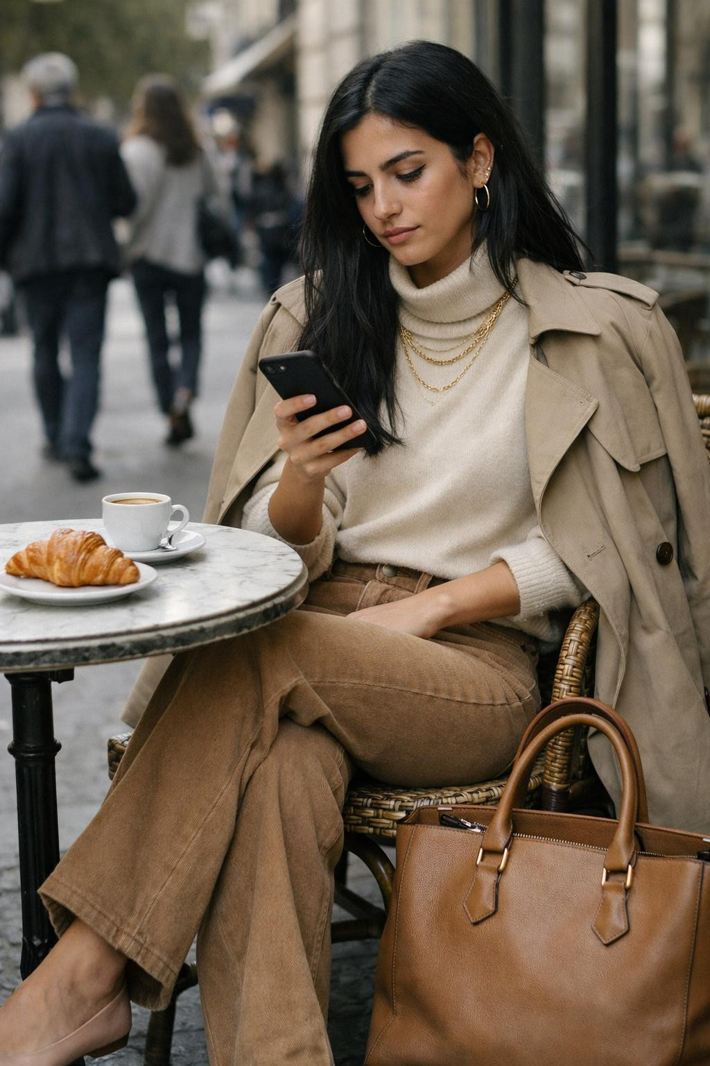 Flare jeans outfit with camel high-waisted bootcut and trench coat