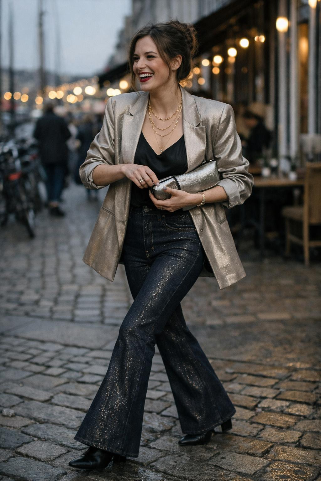 Flare jeans outfit with dark indigo metallic thread and satin blazer