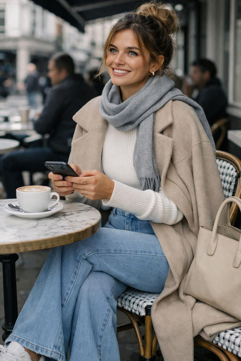 Flare jeans outfit with light blue high-waist and beige long coat