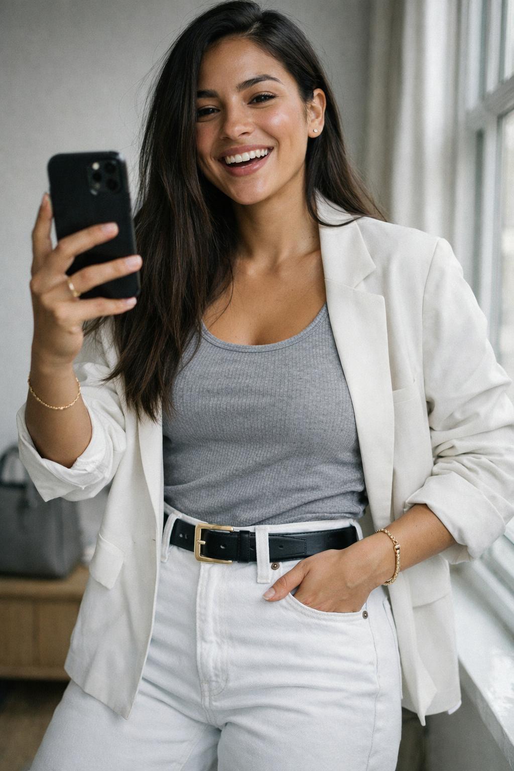 White jeans outfit with white oversized blazer and grey ribbed tank