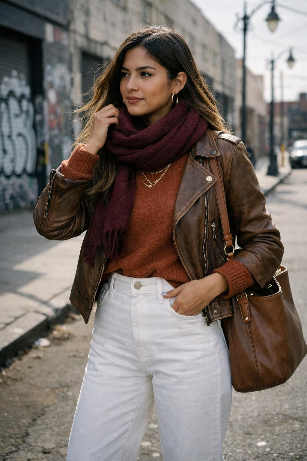 White jeans outfit with rust cashmere turtleneck and brown leather moto jacket