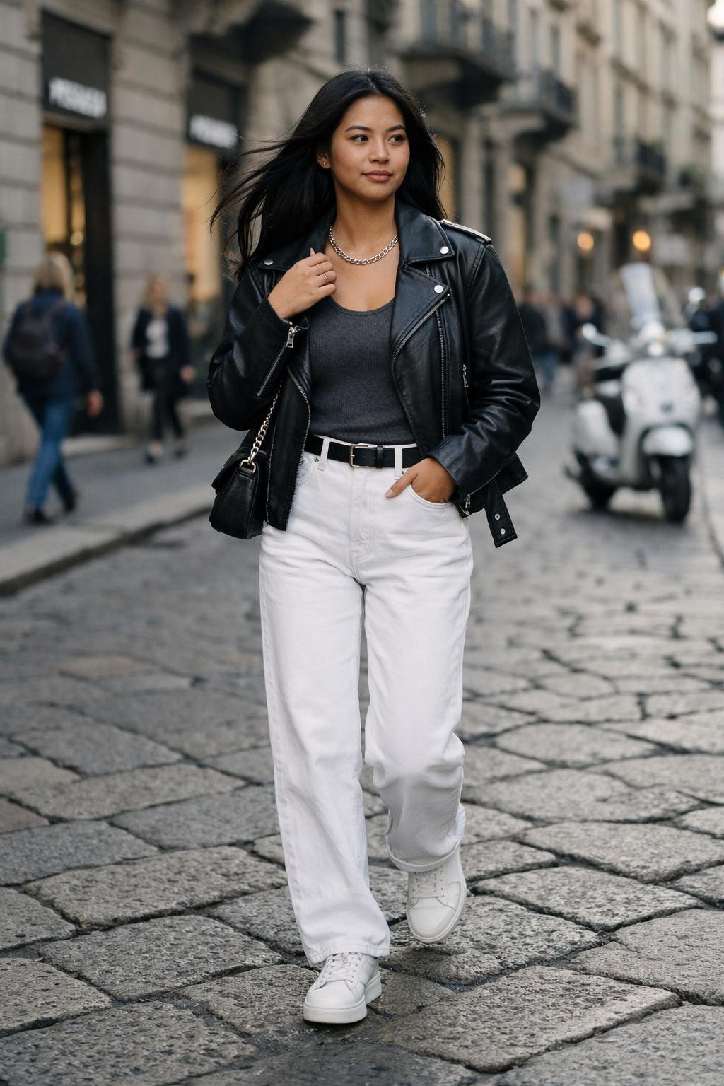 White jeans outfit with black leather moto jacket and grey ribbed tank