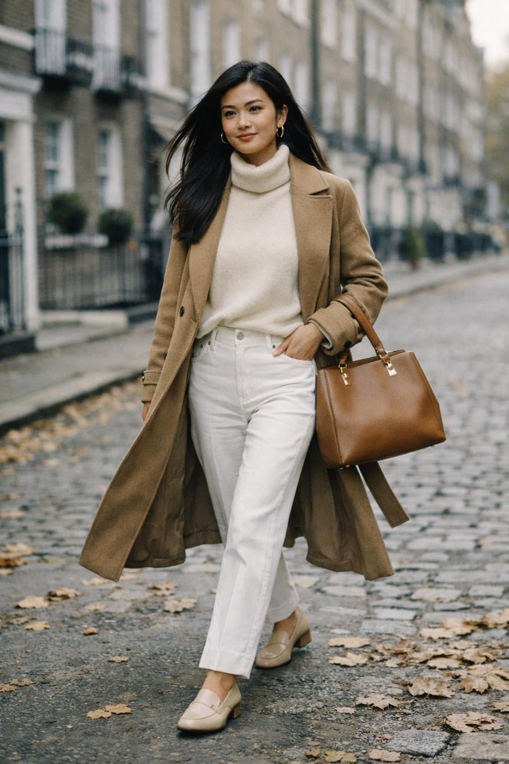 White jeans outfit with cream cashmere turtleneck and camel trench coat