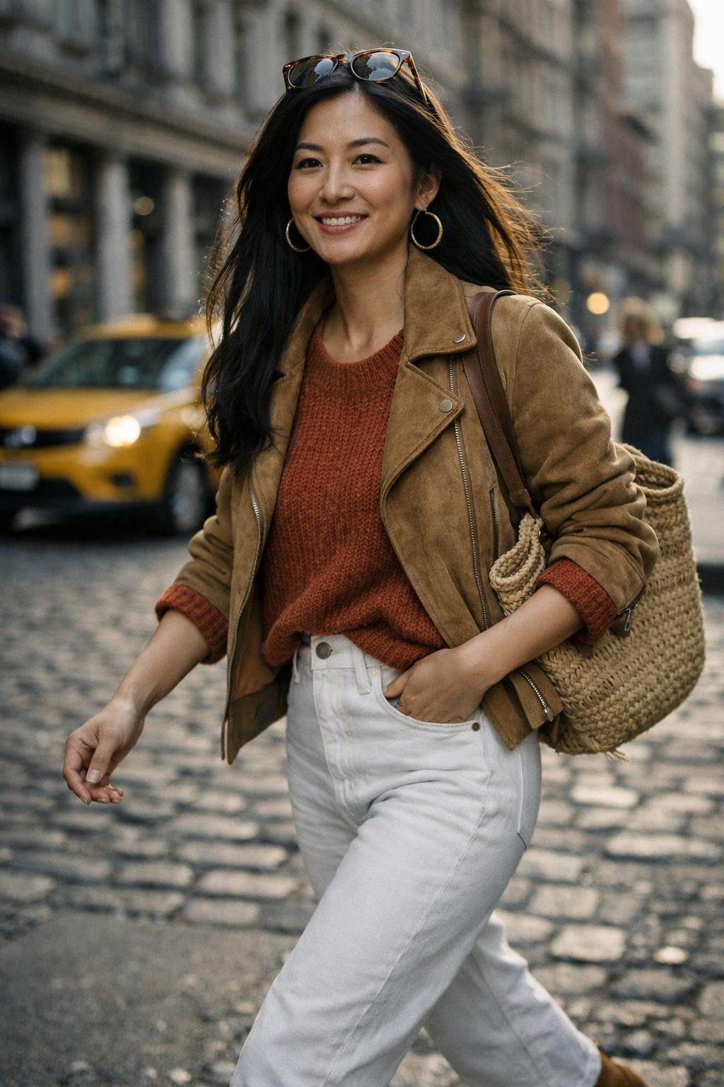 White jeans outfit with rust orange chunky knit and tan suede jacket