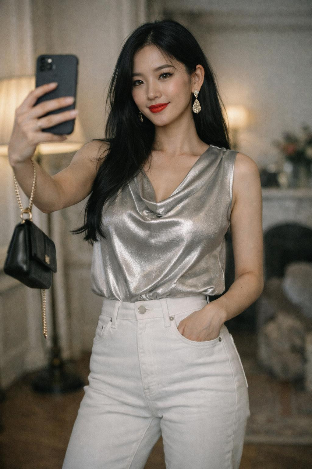 White jeans outfit with metallic silver silk blouse and sparkle heels