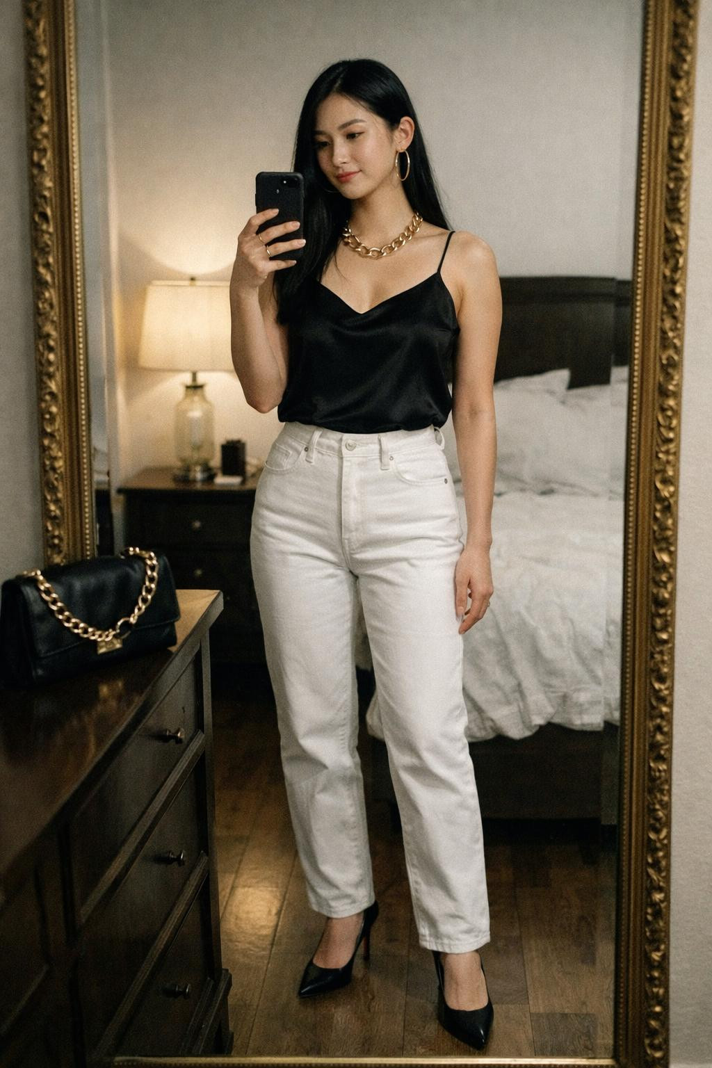 White jeans outfit with black silk camisole and statement gold necklace