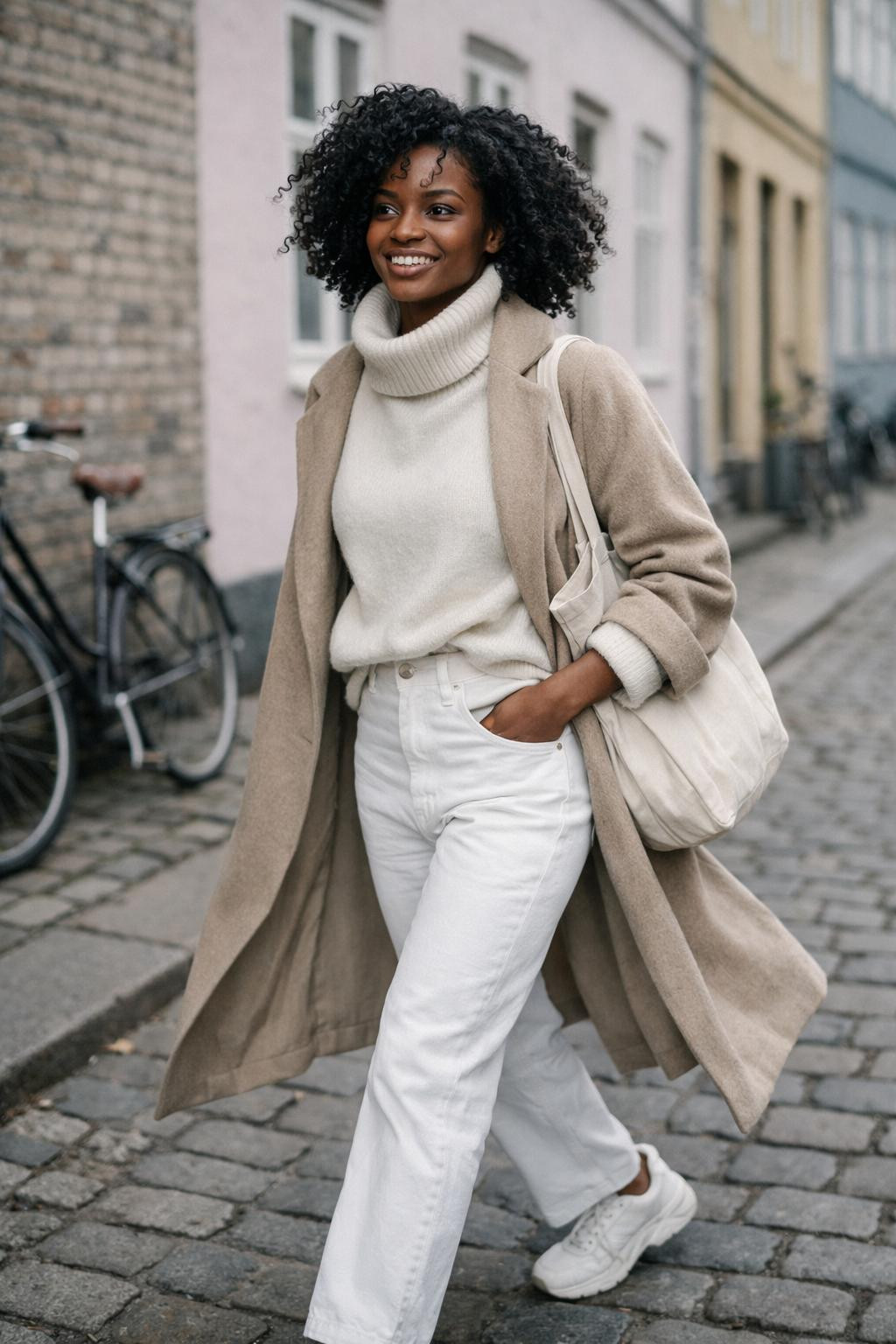 White jeans outfit with cream cashmere turtleneck and beige wool coat
