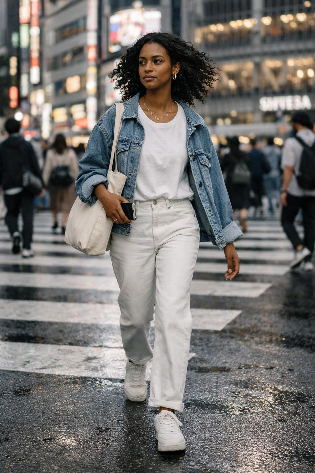White jeans outfit with white tee and denim jacket in monochrome styling