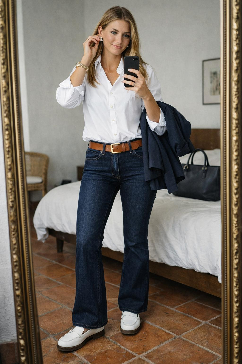 Bootcut jeans outfit with white button-down and navy blazer preppy styling