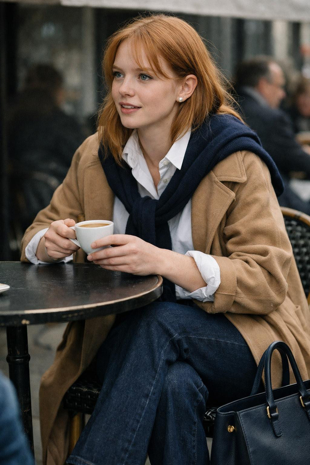 Bootcut jeans outfit with white button-down and navy cashmere draped preppy