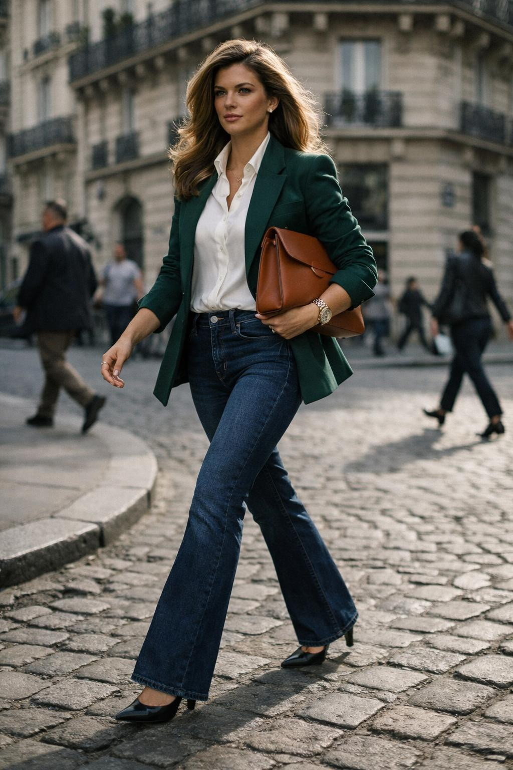 Bootcut jeans outfit with emerald blazer and white silk button-down