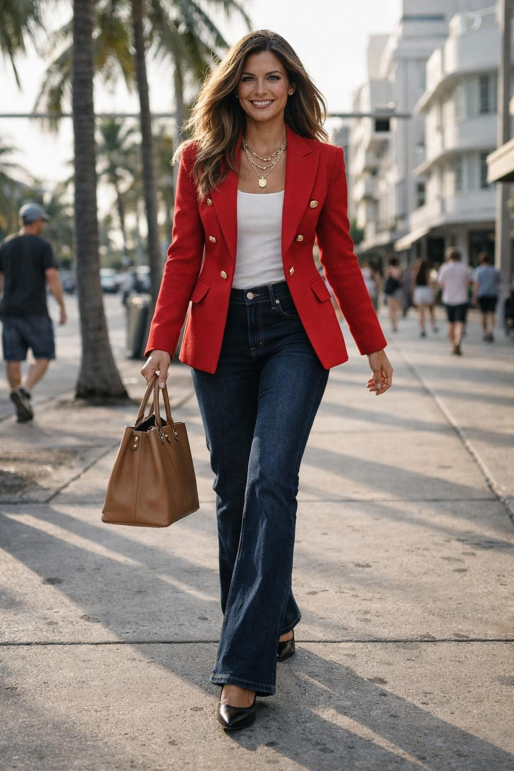 Bootcut jeans outfit with cherry red blazer and white ribbed tank