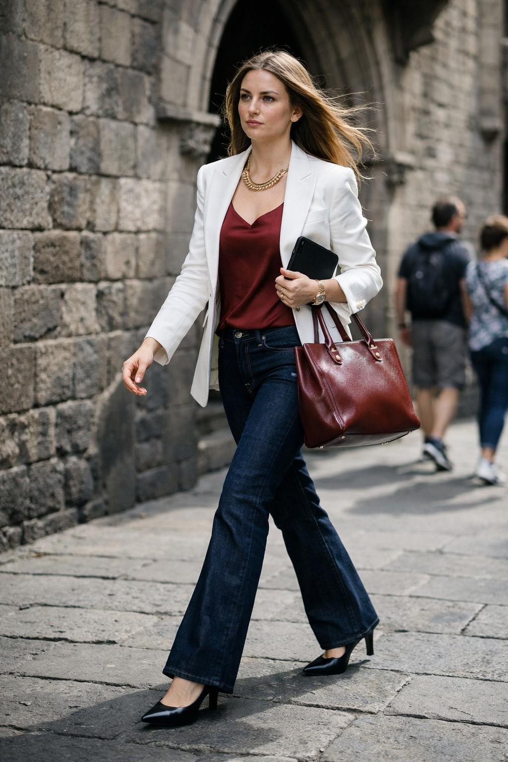 Bootcut jeans outfit with white blazer and burgundy silk cami