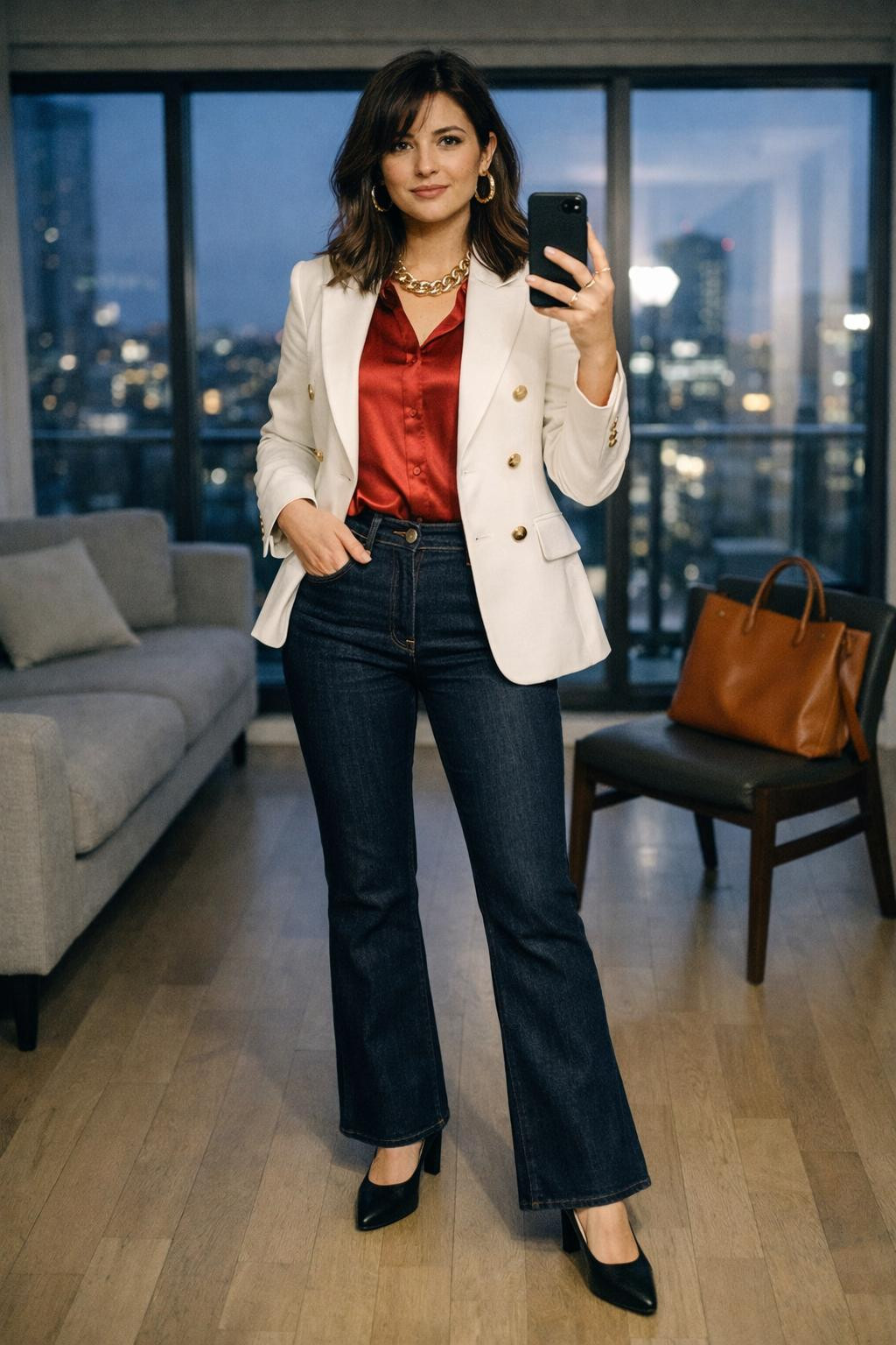 Bootcut jeans outfit with white blazer and cherry red silk blouse