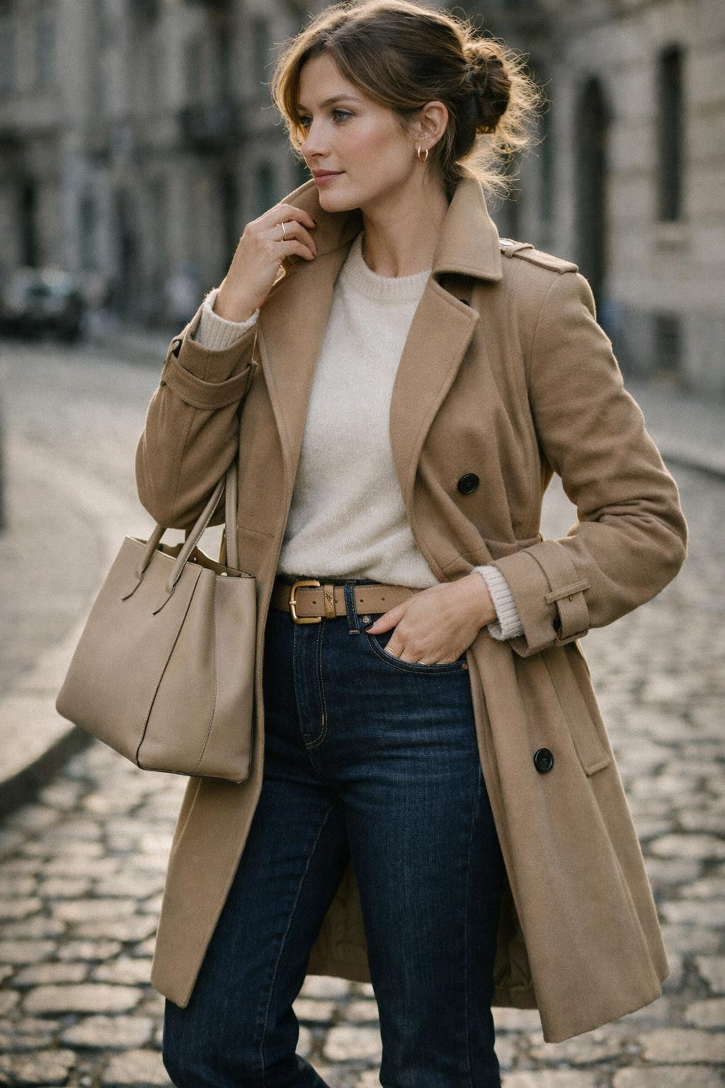 Bootcut jeans outfit with camel trench coat and cream cashmere