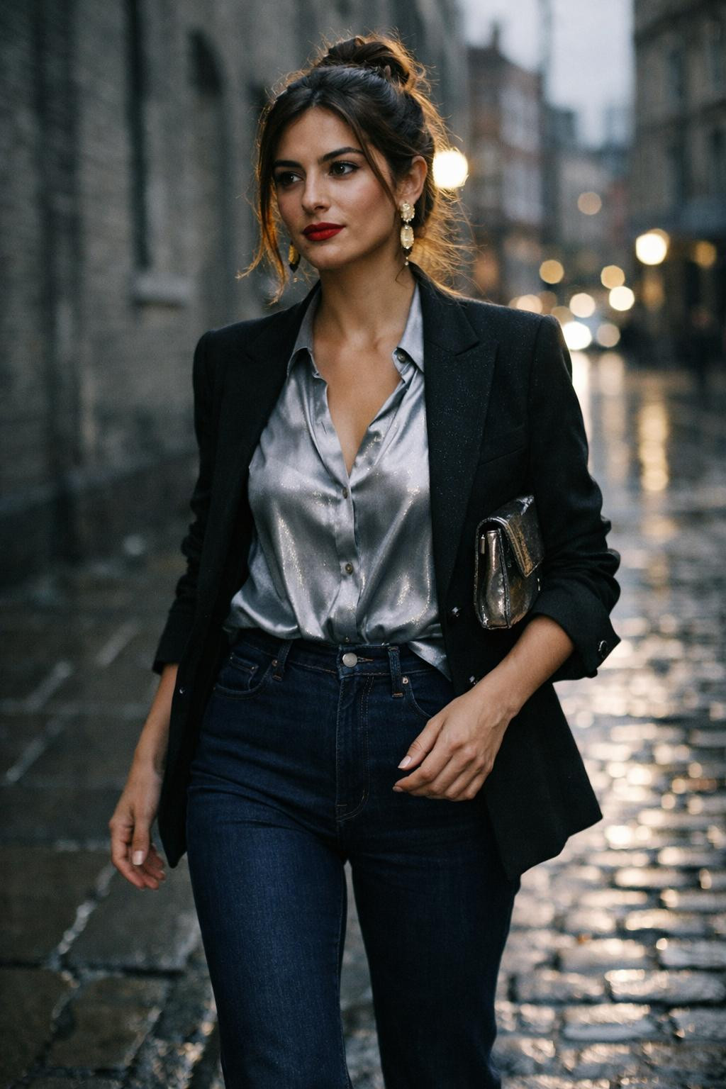 Bootcut jeans outfit with metallic silver blouse and sharp blazer