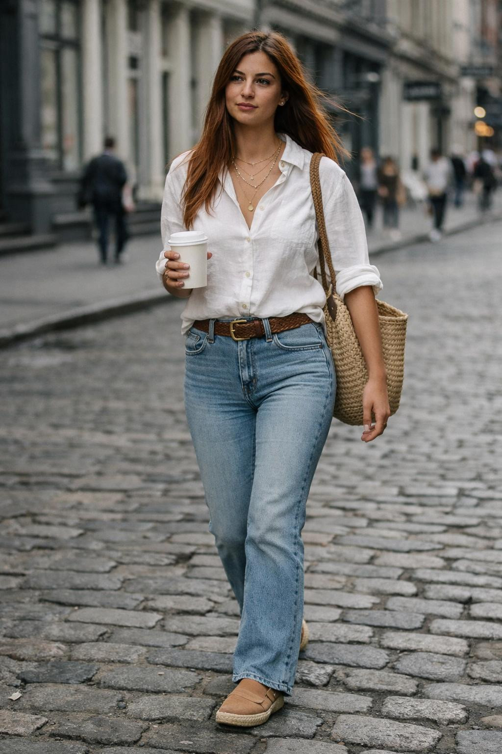 Bootcut jeans outfit with oversized white linen shirt and woven accessories
