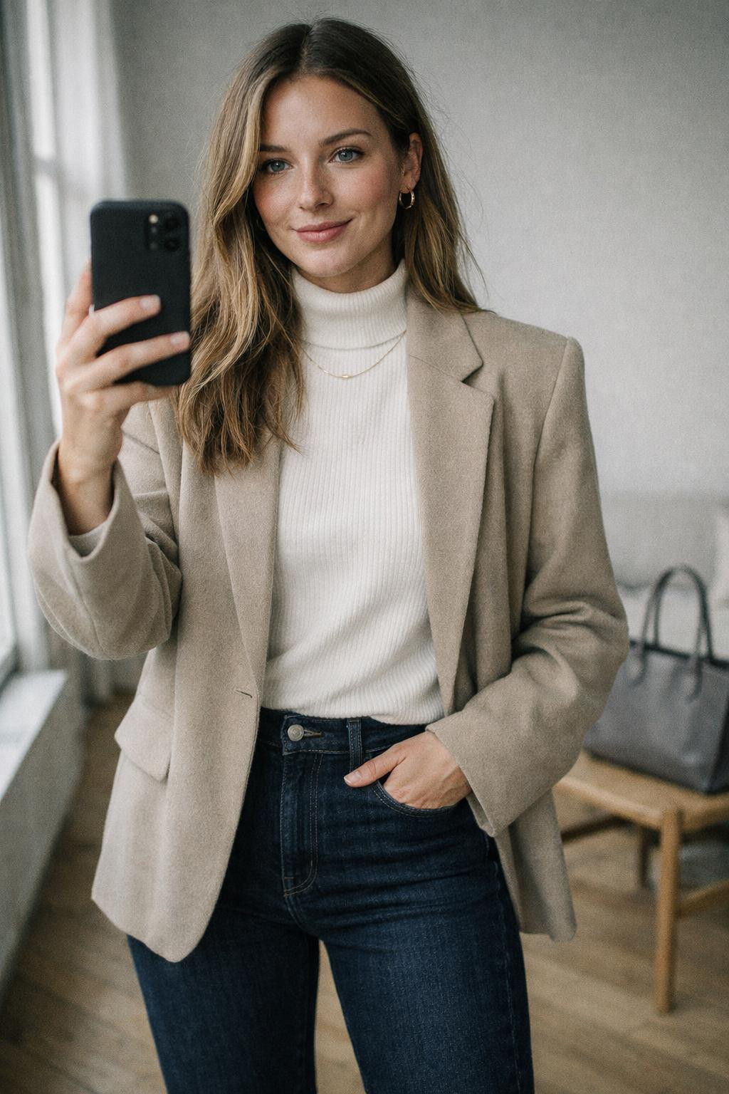 Bootcut jeans outfit with Scandinavian minimalist styling
