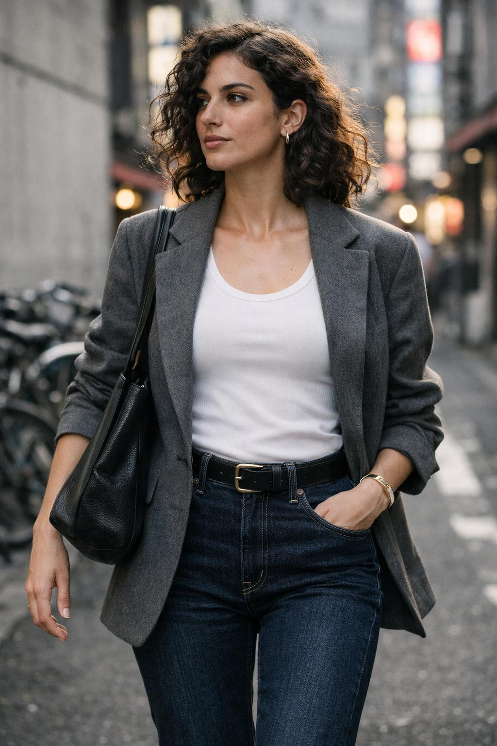 Bootcut jeans outfit with athletic luxe styling in Tokyo street