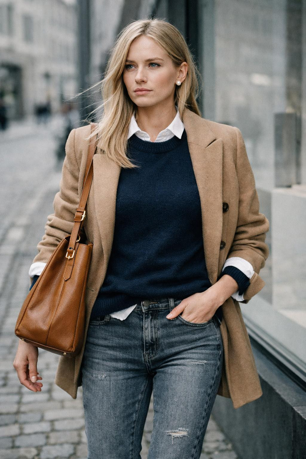 Grey jeans outfit with navy sweater white collar camel coat