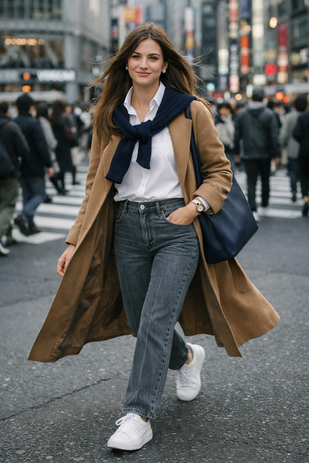 Grey jeans outfit with navy sweater and camel trench coat