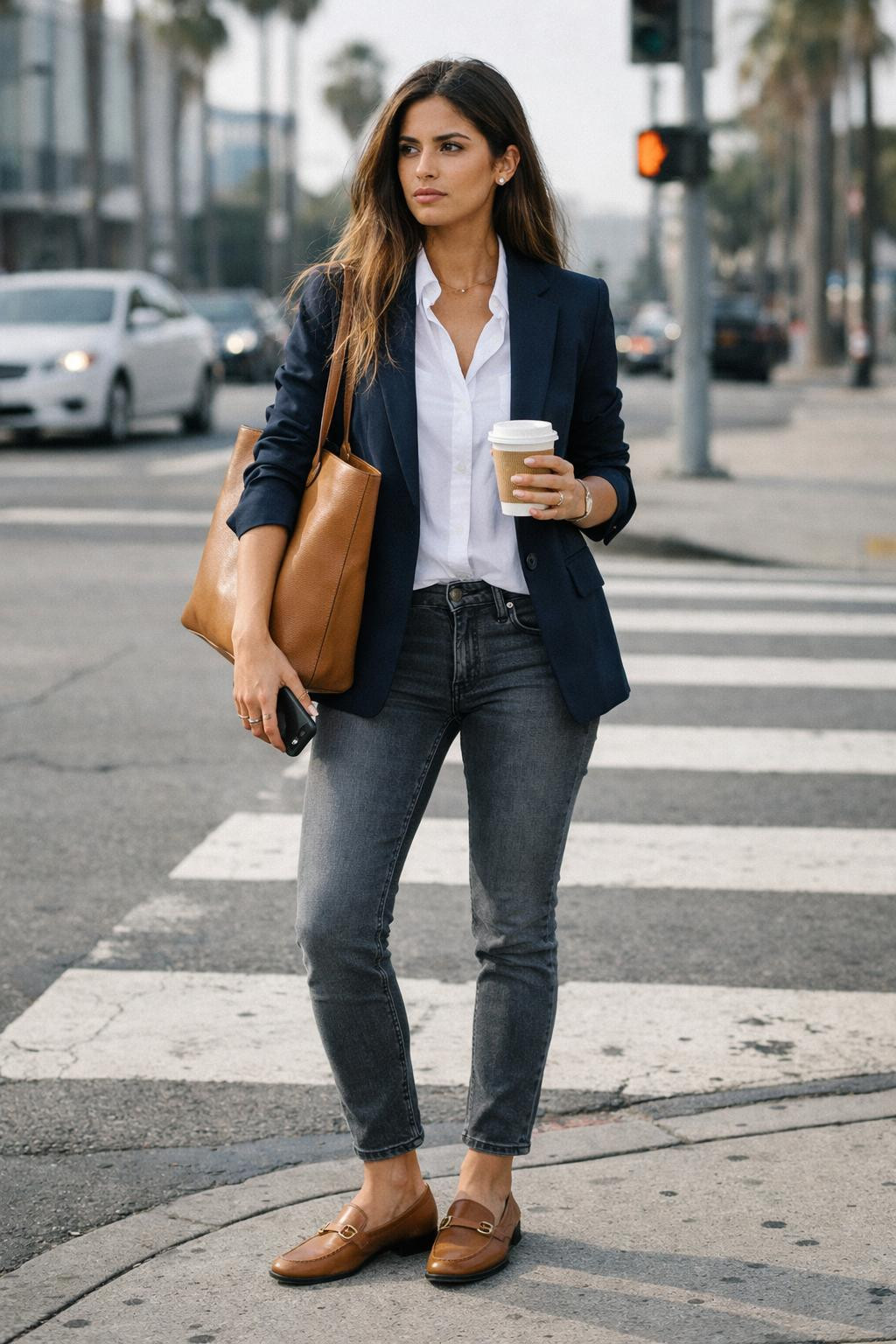Grey jeans outfit with white shirt navy blazer camel loafers