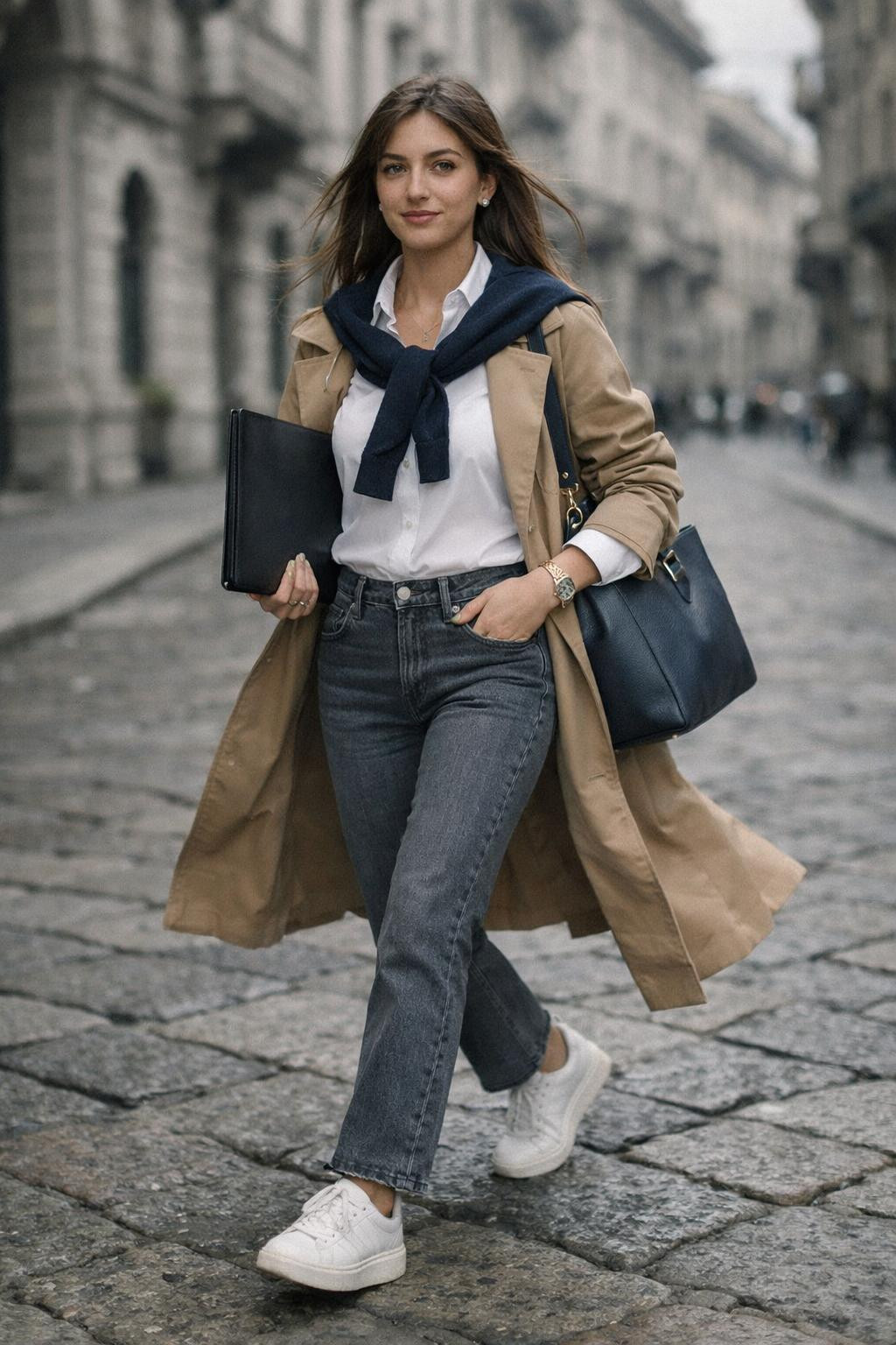 Grey jeans outfit with white shirt and navy sweater draped