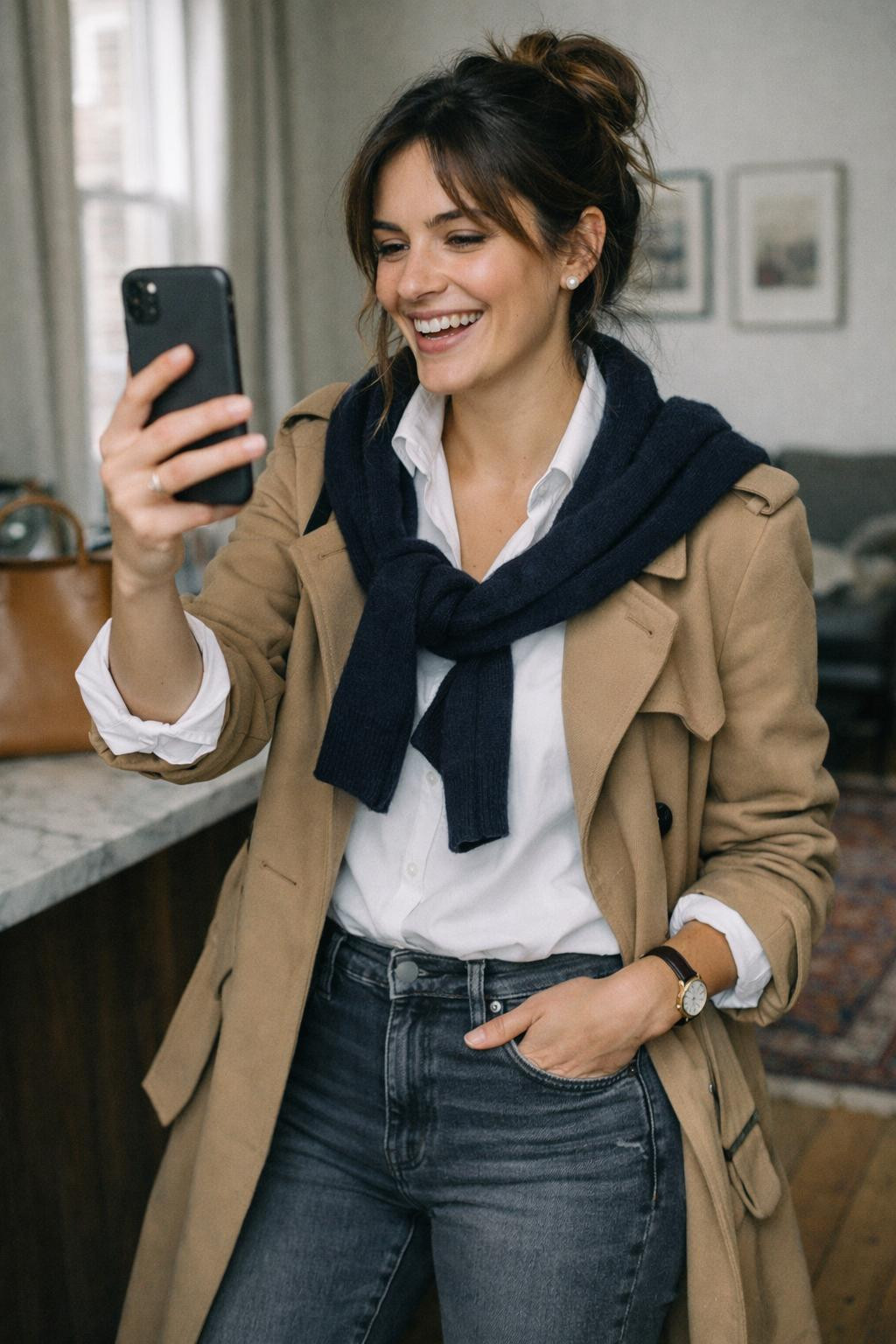 Grey jeans outfit with white shirt and navy sweater over shoulders