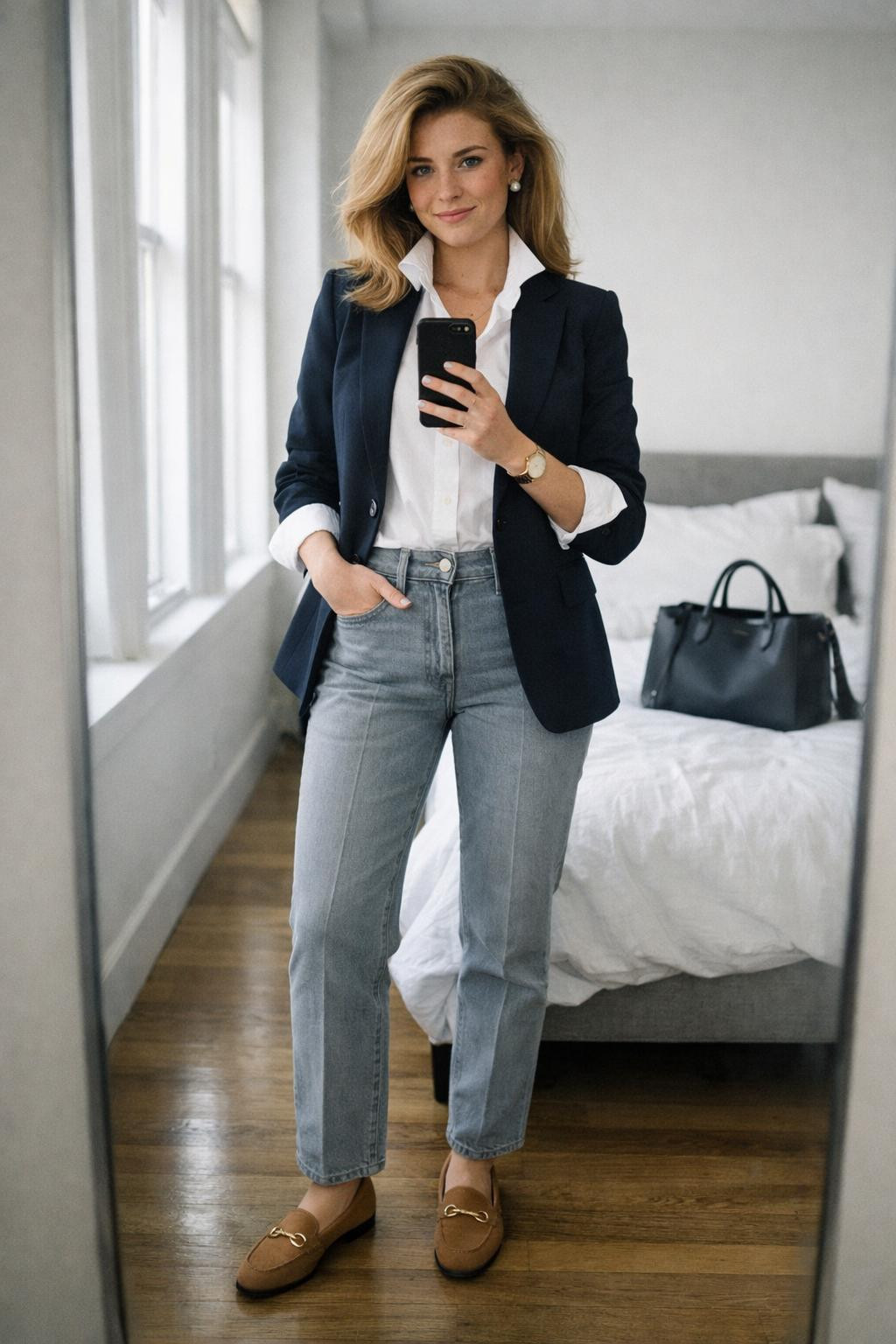Grey jeans outfit with navy blazer and white button-down