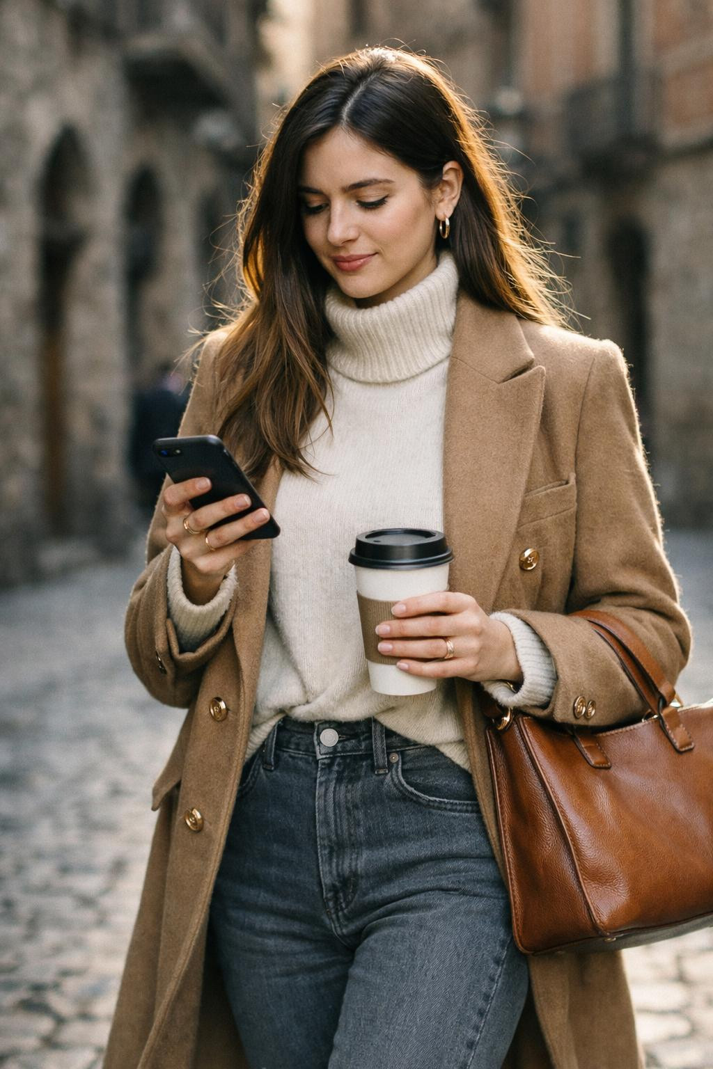 Grey jeans outfit with cream turtleneck and camel coat Barcelona