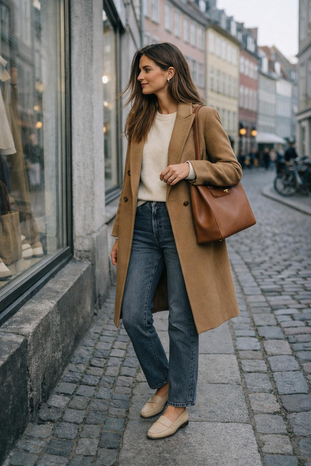 Grey jeans outfit with cream sweater and camel coat Copenhagen